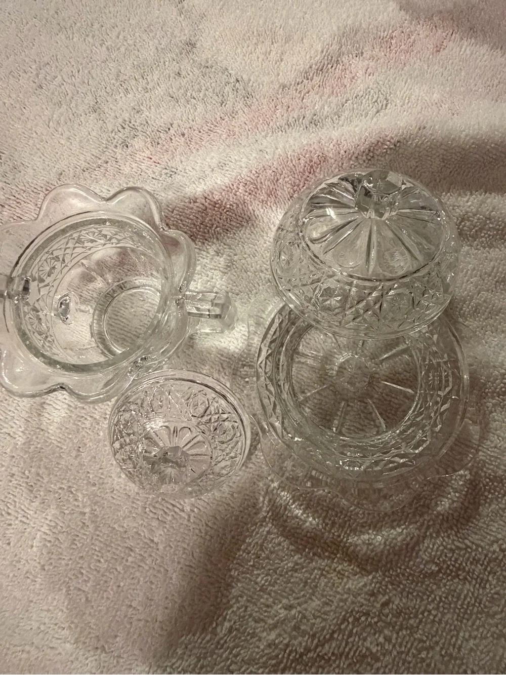 Clear Pressed Glass Lidded Dishes Set - Scalloped Bowls